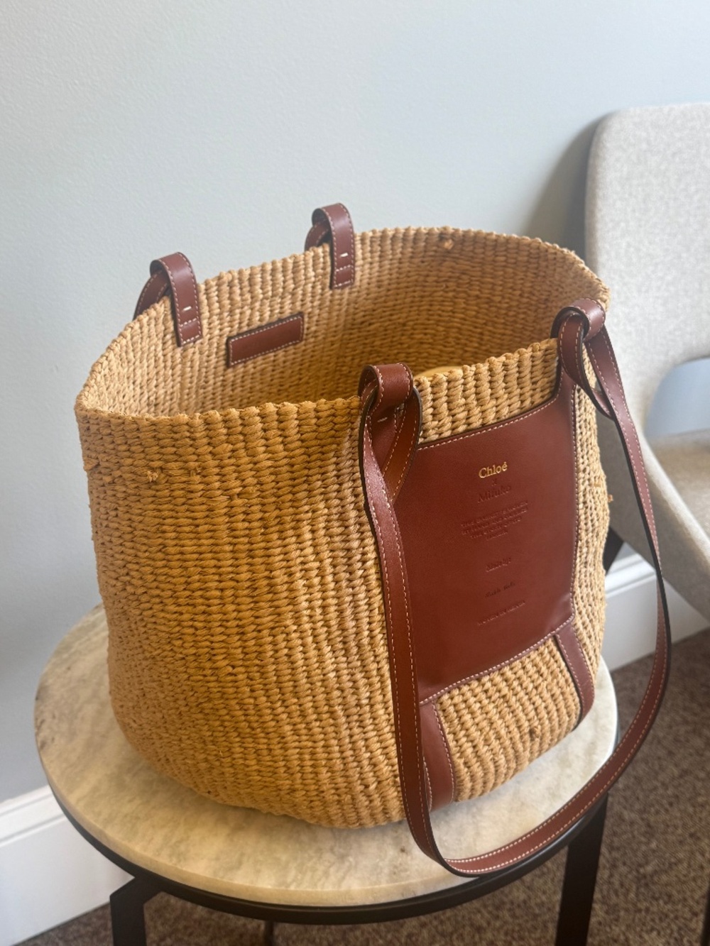 Chloé Woven Straw Tote with Brown Leather Trim